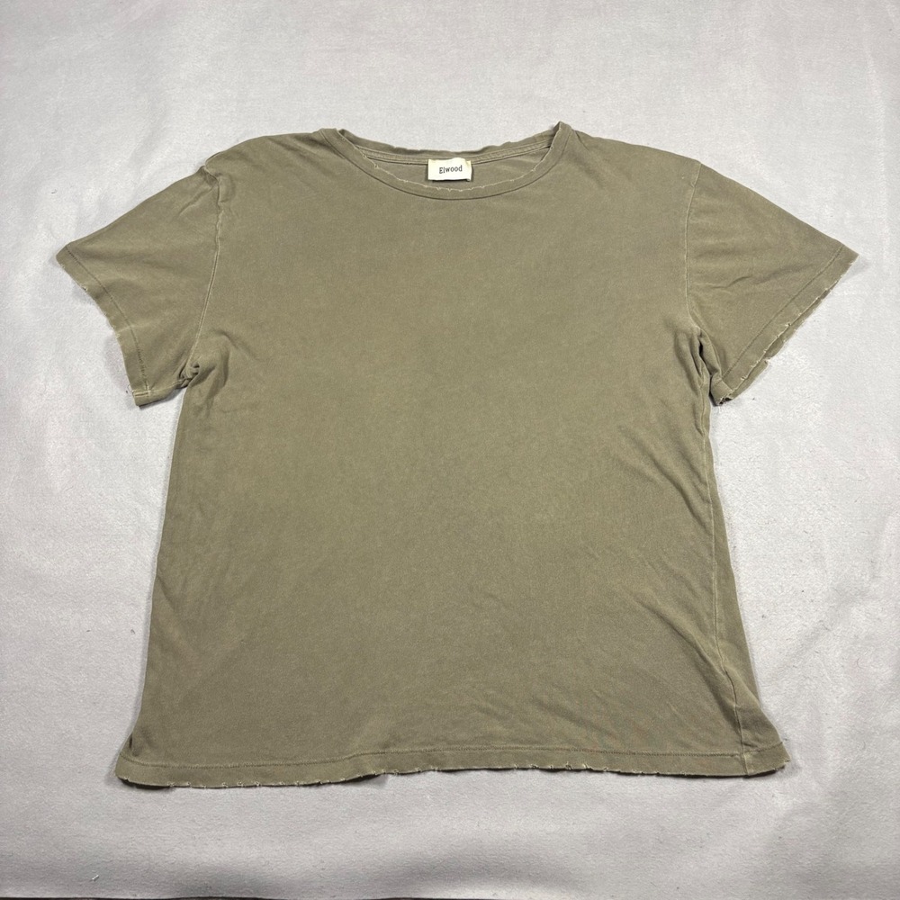 Elwood Mens Organic Cotton Distressed Raw Edge Boxy T-Shirt Olive Green Large